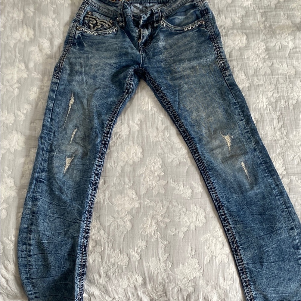 Rock Revival Blue Boyfriend Jeans with Vintage Distressing